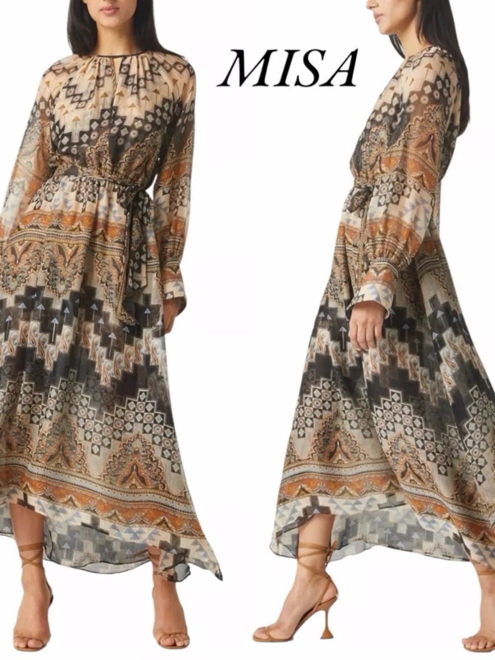Misa Los Angeles Beige, Black & Orange Paisley Midi Dress
